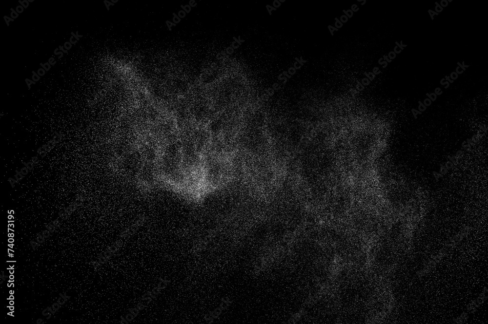Abstract splashes of water on black background. White explosion. Light overlay texture.