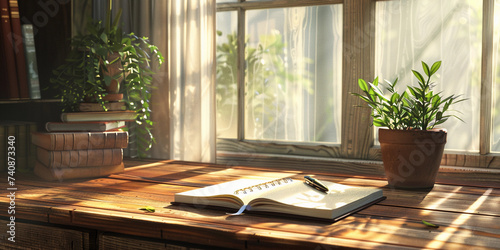 diary with 'Accountability' inscribed on it, a pen beside it, on a wooden desk, morning light streaming through a window