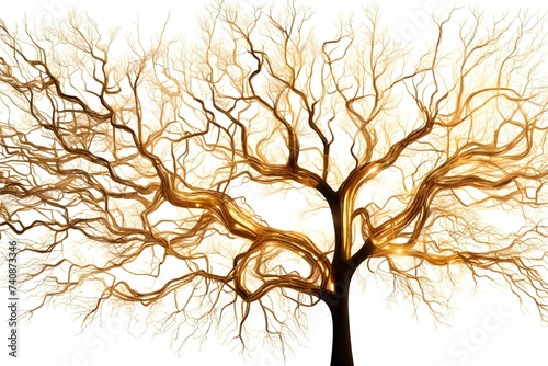 golden electronic circuits in  leafless tree form   AI generative illustration on clear white background
