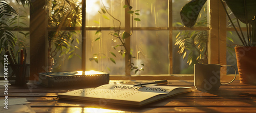 diary with 'Accountability' inscribed on it, a pen beside it, on a wooden desk, morning light streaming through a window