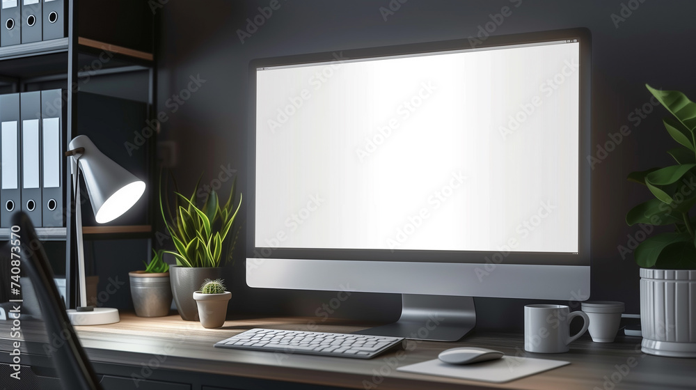 Blank white screen desktop computer mockup in modern office room or home workspace with decorations Blank white screen desktop computer mockup in modern office room or home workspace with decorations