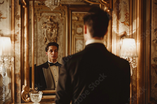 person looking in a mirror, their reflection showing them in a different, more confident and successful version, in a well-lit, elegant room, emphasizing personal growth and change