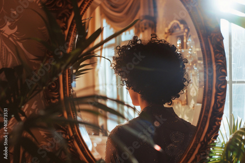 person looking in a mirror, their reflection showing them in a different, more confident and successful version, in a well-lit, elegant room, emphasizing personal growth and change