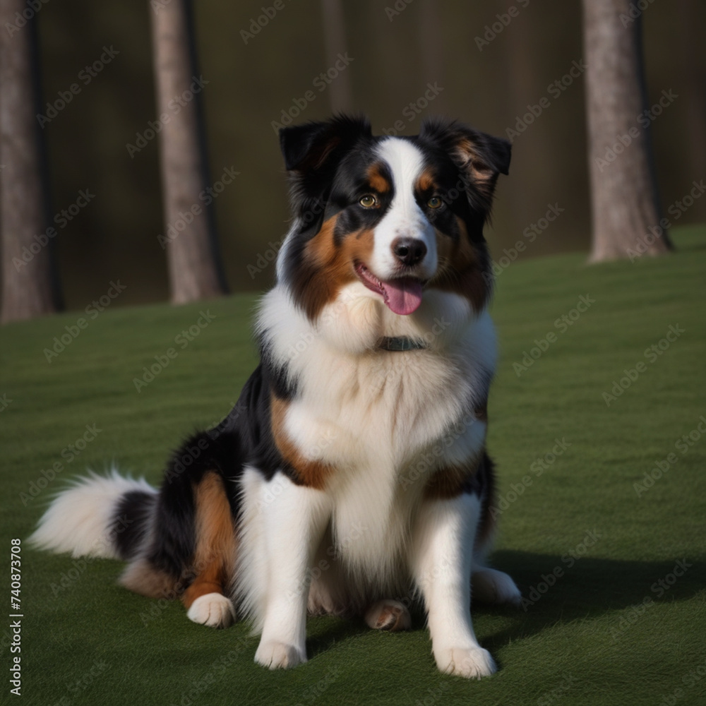 Australian Shepherd dog poses with his whole body in nature