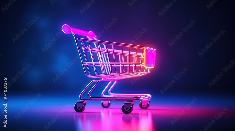 Gradient neon color shopping cart. Modern stores, online shopping and e commerce revolution concept for business background.