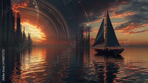 traditional sailboat sailing into a futuristic city harbor, blending old and new worlds, dramatic sunset in the background, detailed reflections on the water