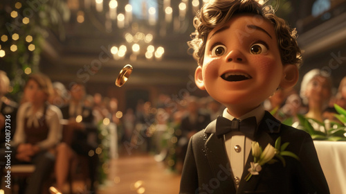 wedding scene where the ring bearer, a small child, drops the rings, close-up on the rings bouncing, guests' reactions in the background