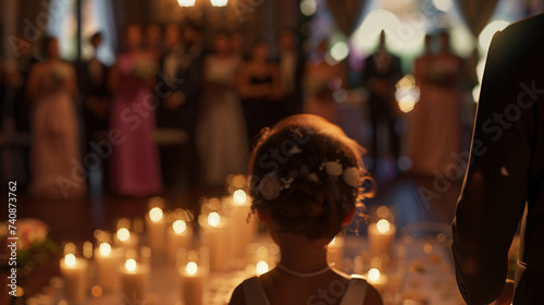 wedding scene where the ring bearer, a small child, drops the rings, close-up on the rings bouncing, guests' reactions in the background
