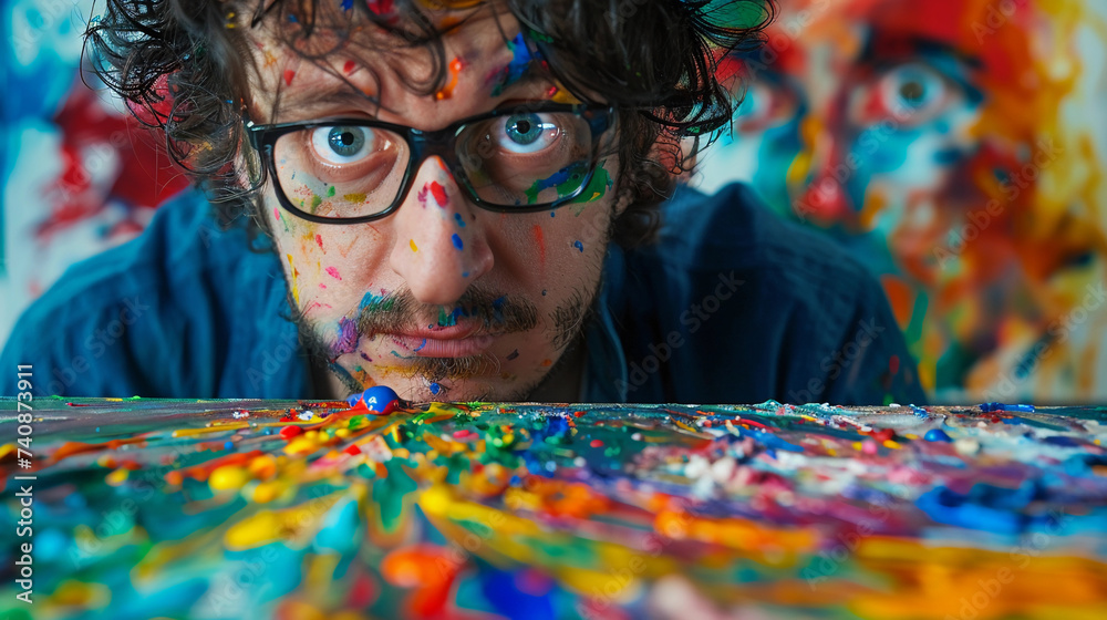 Obraz premium canvas where their paint has spilled, vivid colors of the spill, detailed expression of frustration