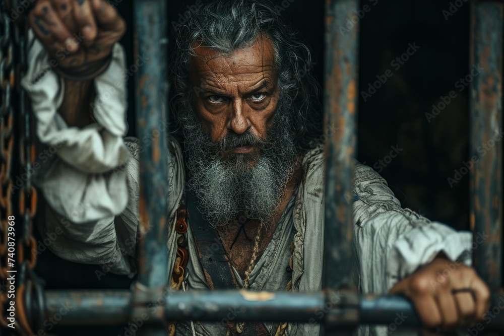 Man with grey beard and pirate attire looks through rusty prison bars, his face etched with the lines of a hardened life at sea Man with grey beard and pirate attire looks through rusty prison bars, his face etched with the lines of a hardened life at sea