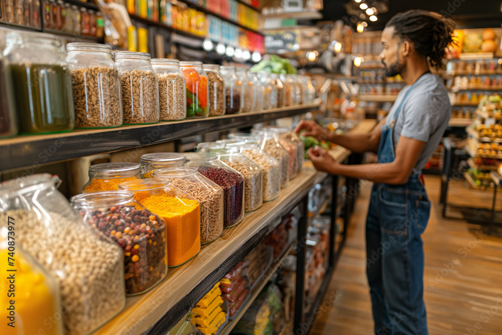 Man Shopping in Bulk Food Section of Eco Grocery Store
