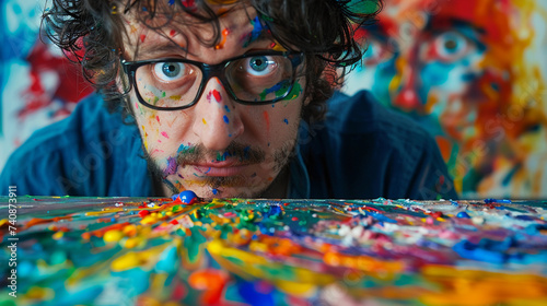 canvas where their paint has spilled, vivid colors of the spill, detailed expression of frustration