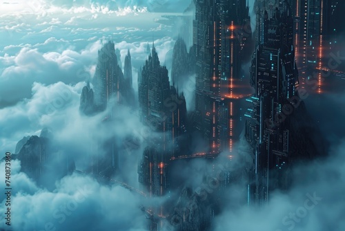 Futuristic Skyscraper City Enveloped by Clouds in the Sky  Fantasy landscape centered around networked storage appliances  AI Generated