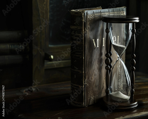 ancient hourglass on an old book with 'Accountability' written on the spine, dim, moody lighting, symbolizing the passage of time and responsibility