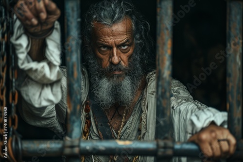 Man with grey beard and pirate attire looks through rusty prison bars, his face etched with the lines of a hardened life at sea