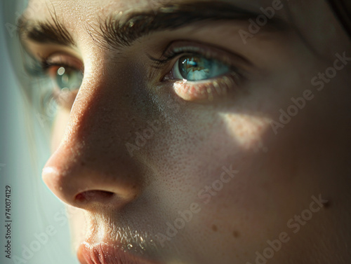 person's face, half in shadow, with a reflective, thoughtful expression, symbolizing personal accountability, with soft, natural lighting, and a blurred background