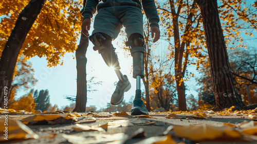Amidst the autumn foliage, a determined hiker with prosthetic legs treks through the forest, their jeans and sturdy footwear blending in with the earthy ground beneath them
