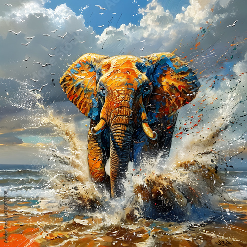 Painting of an elephant splashing in water with birds flying around