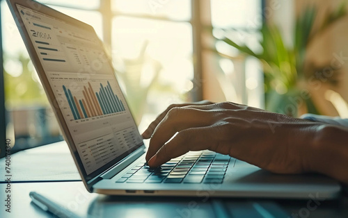 hands typing on a laptop with a screen showing a graph titled 'Accountability Metrics', in a corporate office setting, bright and clear lighting