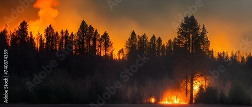 激しい山火事、ブッシュファイヤーで炎と煙が森を焼く