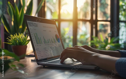 hands typing on a laptop with a screen showing a graph titled 'Accountability Metrics', in a corporate office setting, bright and clear lighting