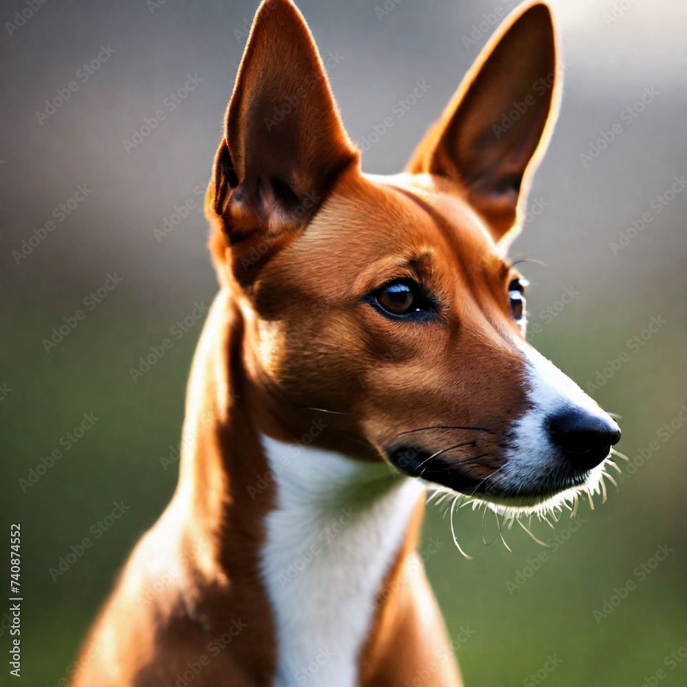 Basenji dog poses with his whole body in nature
