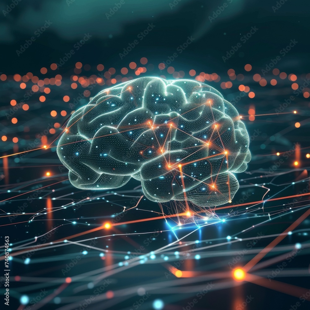 A visual metaphor of a cloud based algorithm identifying Alzheimers early with glowing brain and network lines A visual metaphor of a cloud based algorithm identifying Alzheimers early with glowing brain and network lines