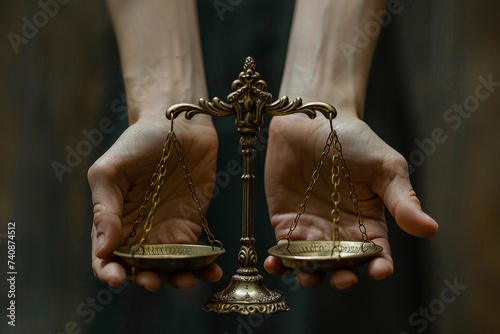 hands holding a balance scale, with intricate details on the scale, in a courtroom setting, natural lighting, emphasizing the concept of accountability