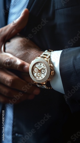 A prosperous businessman holding a diamond encrusted watch