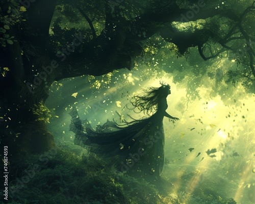 An ethereal dryad emerging from an ancient tree sunlight filtering through leaves