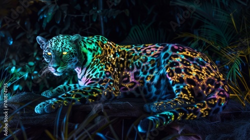 Craft a visually stunning art piece inspired by a genetically engineered leopard or cheetah with an unusually enhanced ability such as night vision or camouflage