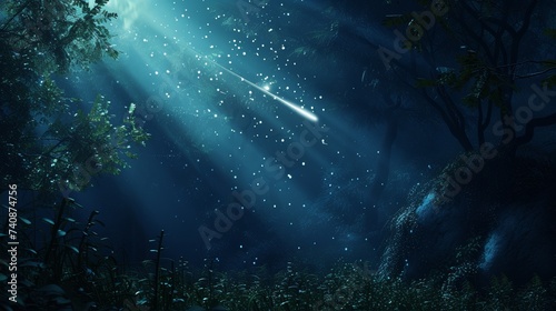 Create a serene scene of a meteor illuminating a mystical forest