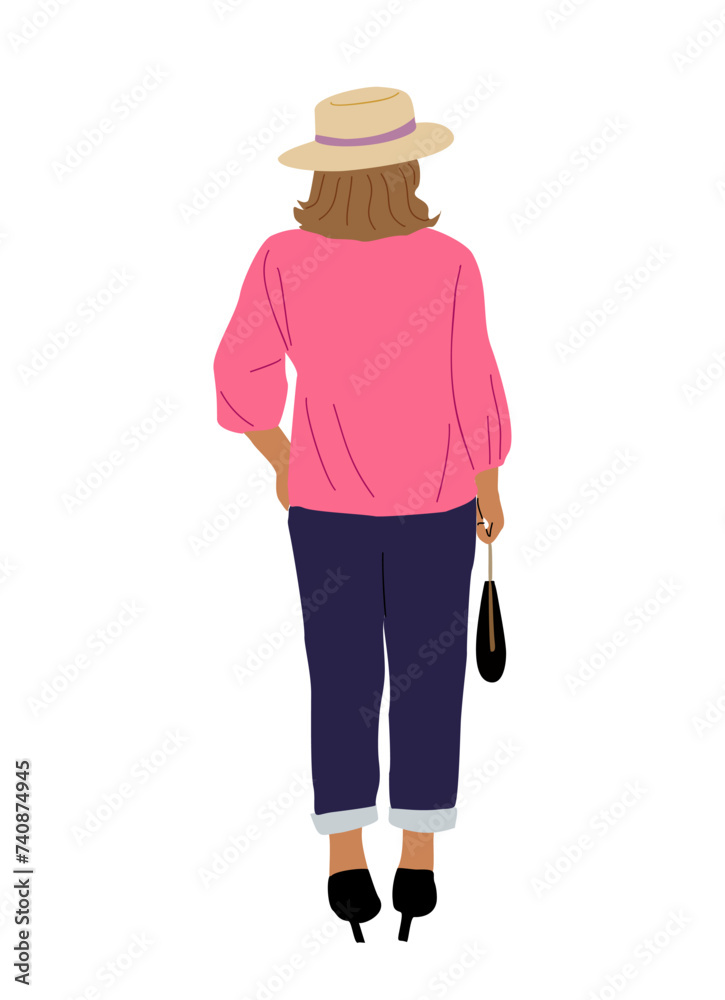 Woman standing rear view. Businesswoman in casual clothes and hat with bag from behind, turned back. Cartoon female Character backside. Vector realistic illustration isolated on transparent background