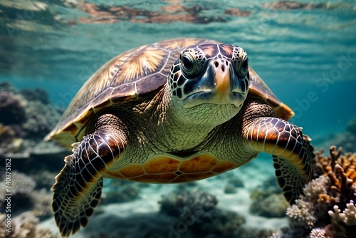A beautiful sea turtle glides through crystal clear water.