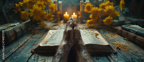 Conceptual Christian group praying worship together to believe and using the Bible on a wooden table for devotional for a prayer meeting. photo