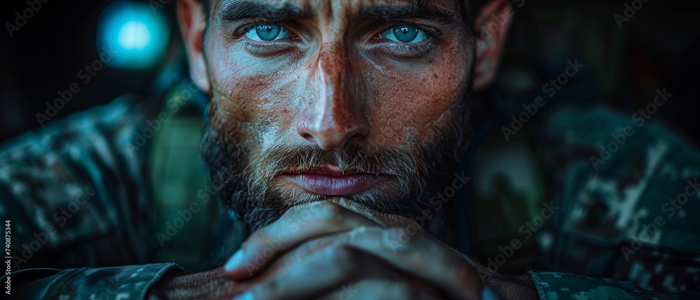 pensive devote navy force young guy hero face cry hope hand pain love room mural sun light text space worried human frustration frown upset warfare concept fighter - obrazy, fototapety, plakaty 