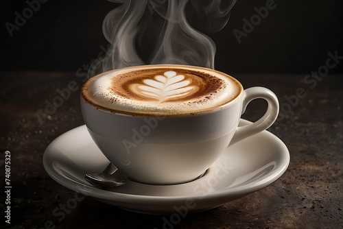 A steaming cup of freshly brewed cappuccino sits on a sleek, isolated studio background. The creamy foam and rich espresso, making you feel like you can almost taste it.