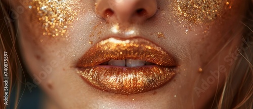 Fashion art golden skin woman face portrait closeup. Model with holiday golden Glamour shiny professional makeup. Gold earrings, gold jewelry, and gold accessories. Gold metallic body, lips, and skin.