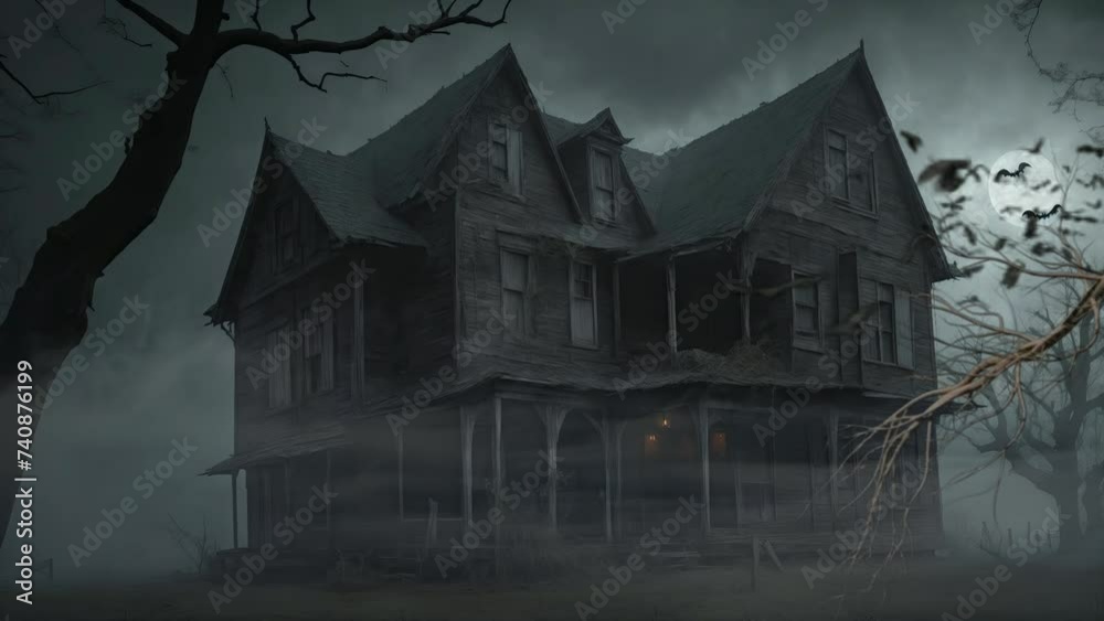 Spooky scene with the old house. 2d looped animation, seamless looping time-lapse virtual video animation background