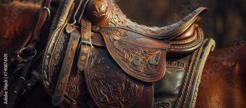 Detailed close up of a leather horse saddle with intricate designs and textures photo