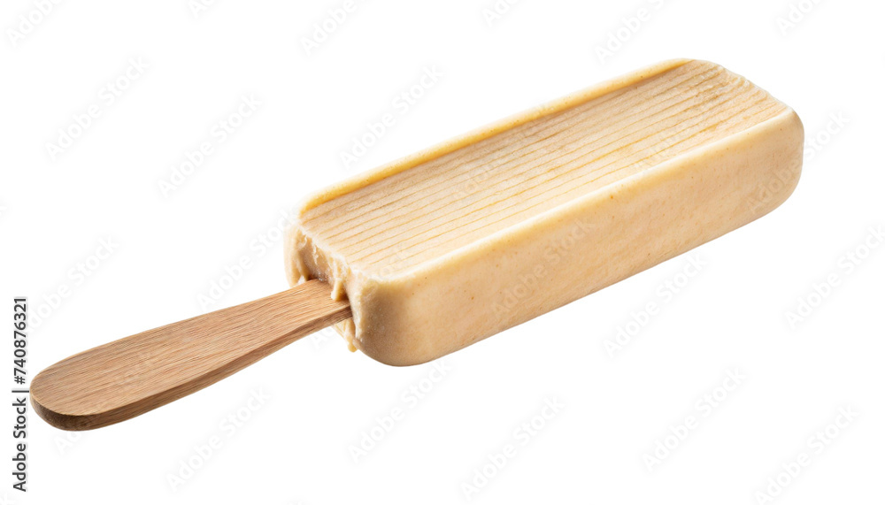 Vanilla ice cream with wooden stick isolated on transparent background.