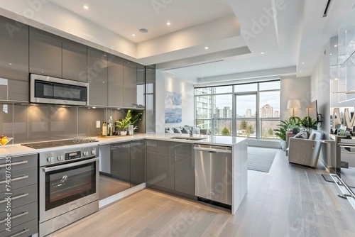 Beautiful Grey Modern Kitchen in a Luxury Apartment with Stainless Steel Appliances