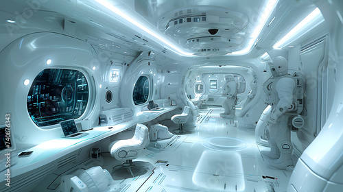 Photograph of a white spaceship with multiple computer monitors and control panels and rows of empty seats and space suits Futuristic concept