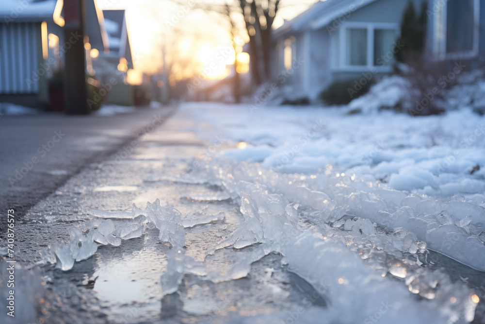 close up view of slippery ice covering the sidewalk in the early morning of a residential area in winter close up view of slippery ice covering the sidewalk in the early morning of a residential area in winter