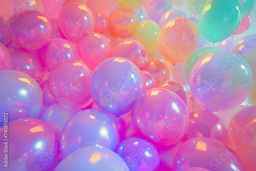 Birthday or anniversary party in motion with full of colorful balloons with rainbow colors , use it as a background or greeting or setup party room. photo