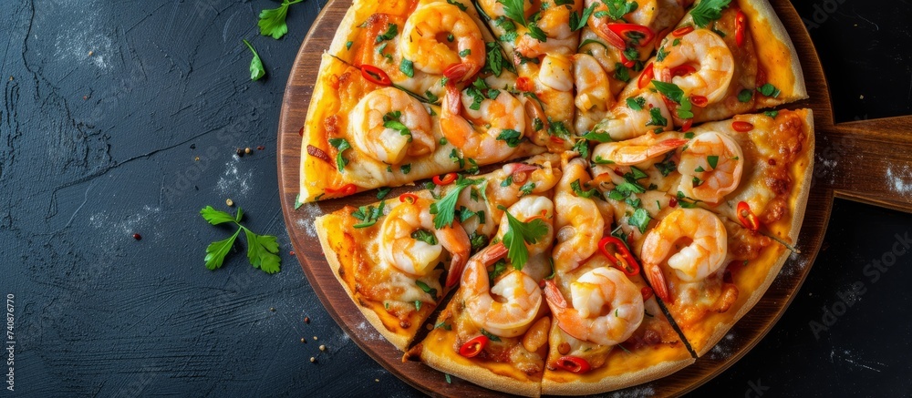 Delicious pizza topped with flavorful shrimp and vibrant peppers on rustic wooden board