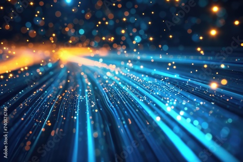 A photograph showcasing a lively blue and yellow background adorned with brightly lit lights, Fiber optic cables with light signals passing through, AI Generated