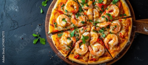 Delicious pizza topped with flavorful shrimp and vibrant peppers on rustic wooden board