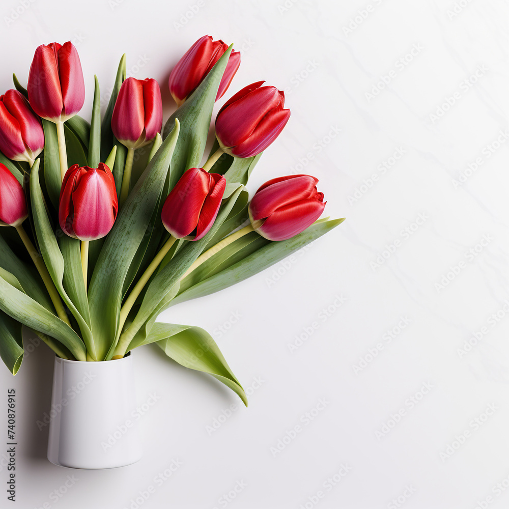 Fototapeta premium Bouquet of beautiful red tulips on a white background with space for text. Mother's Day, March 8, birthday. Generated by artificial intelligence