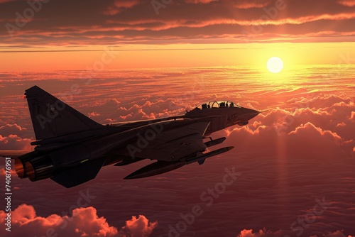 A fighter jet cuts through the clouds as it flies swiftly through the sky, Fighter aircraft on a dawn patrol mission, AI Generated